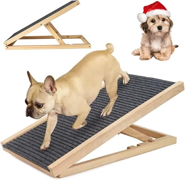 Dog Ramp Adjustable Heights, Strong Wooden Pet Ramp for Large Dog Non Slip Surface Folding Dog Ladder Heavy Duty Pet Ladder for travel, Non-Slip Carpet, Great for Cars, Trucks (L70xW35cm, H30-40cm)