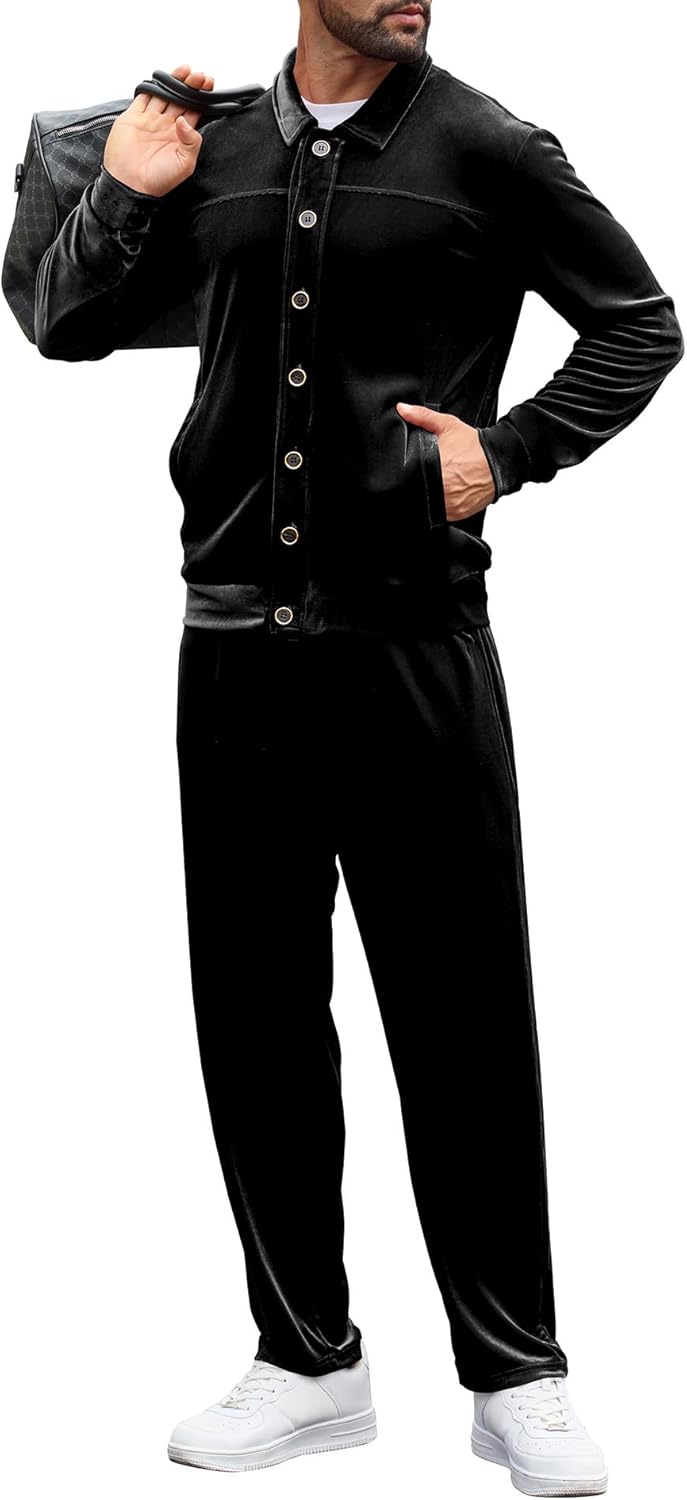 LecGee Men's Fall Soft Velour Casual 2 Piece Set Button Down Solid Color Jacket and Cuffed Pants Outfit Dailywear set - Image 2