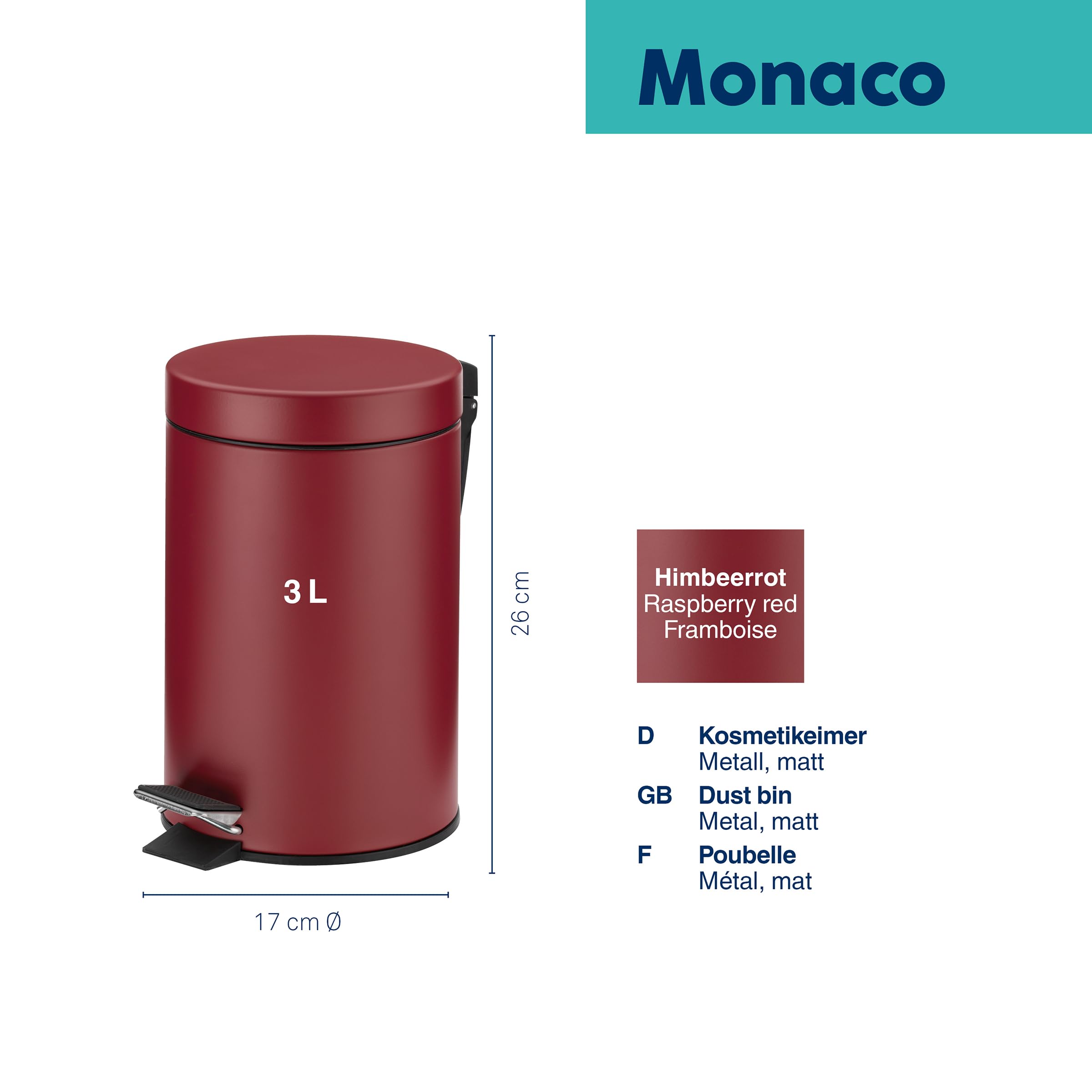 Kela MONACO Cestino per Cosmetici Rosso 3 L, Cestino a Pedale in Metallo per Bagno