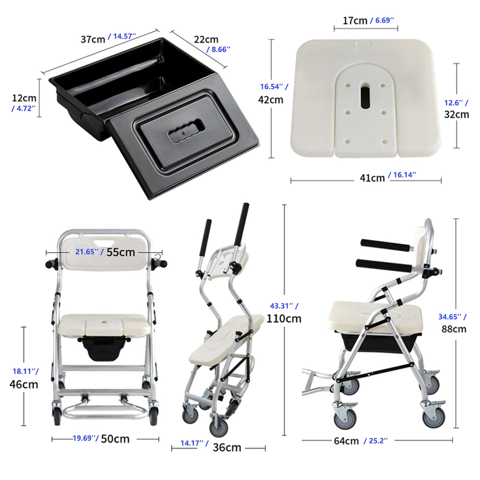Silla WC Personas Mayores con Ruedas Plegable, Silla para Ducha para Personas Mayores con Pedales Y Respaldo Ergonómico, Silla De Ruedas para Baño, Carga Máxima 120 Kg