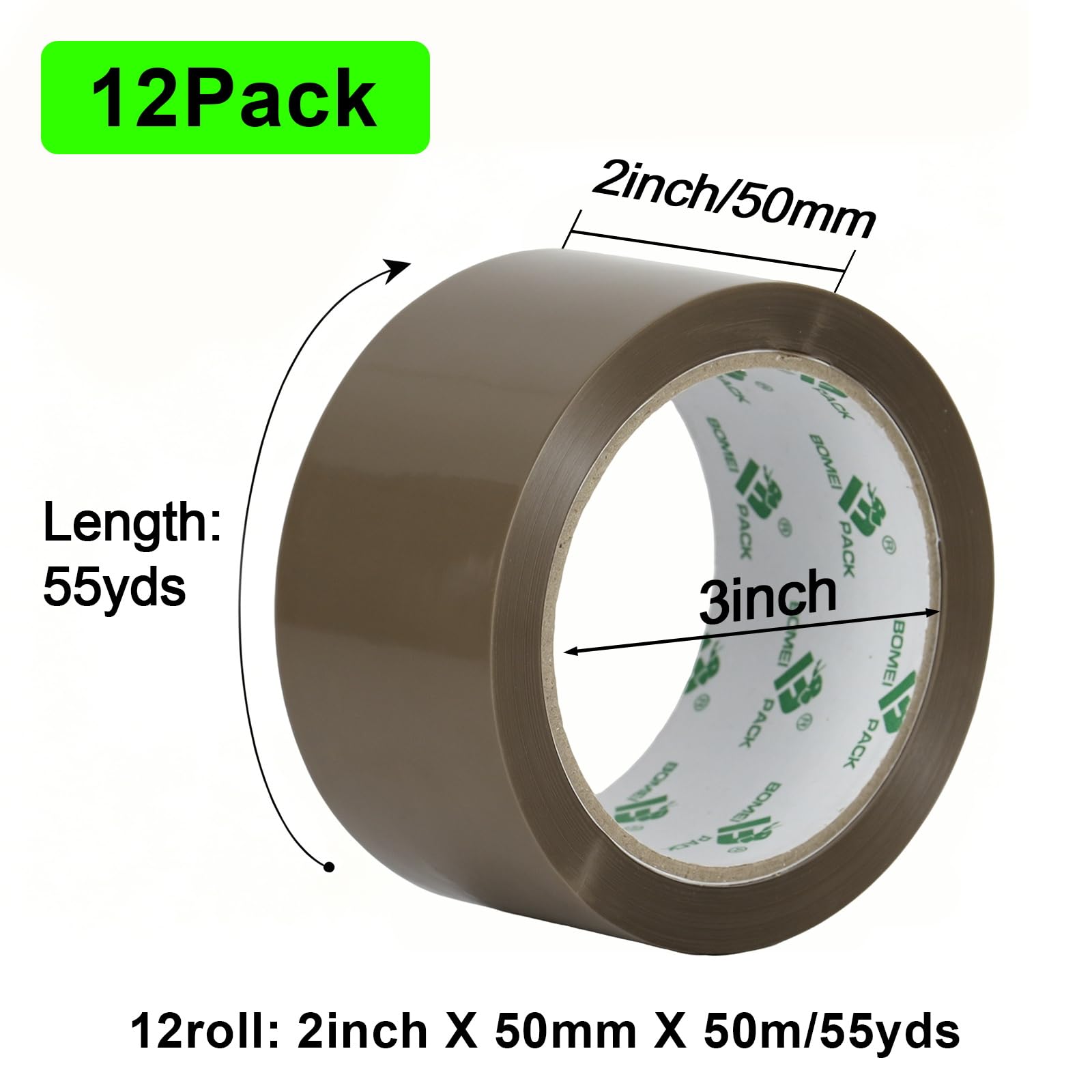 BOMEI PACK Nastro da imballaggio marrone, 12 ricariche, 2,4 mm x 5 cm x 50 m, nastro resistente per imballaggio, con 1 dispenser per sigillare, spedire, spostare e riporre