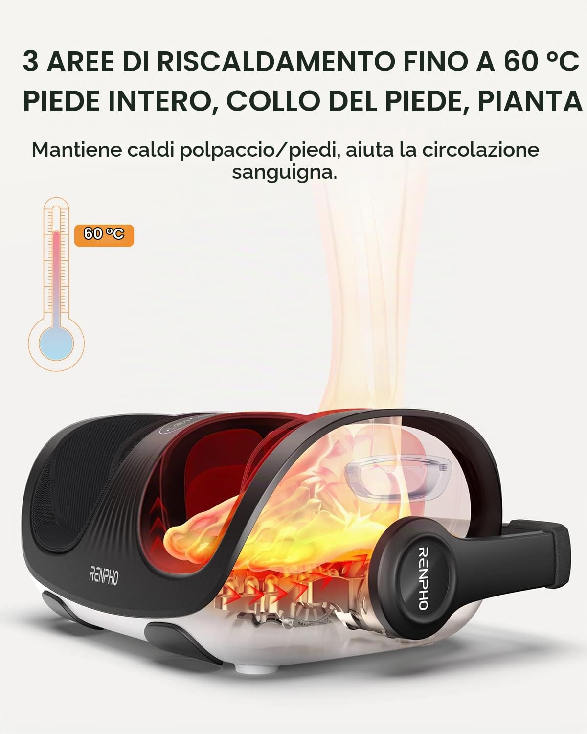RENPHO Massaggiatore piedi Shiatsu 4 in 1 polpacci,con funzione riscaldante | Camera di massaggio per i piedi larga 19,5 cm, manico regolabile a 270°, impastamento, pressione, riscaldamento. regalo donna