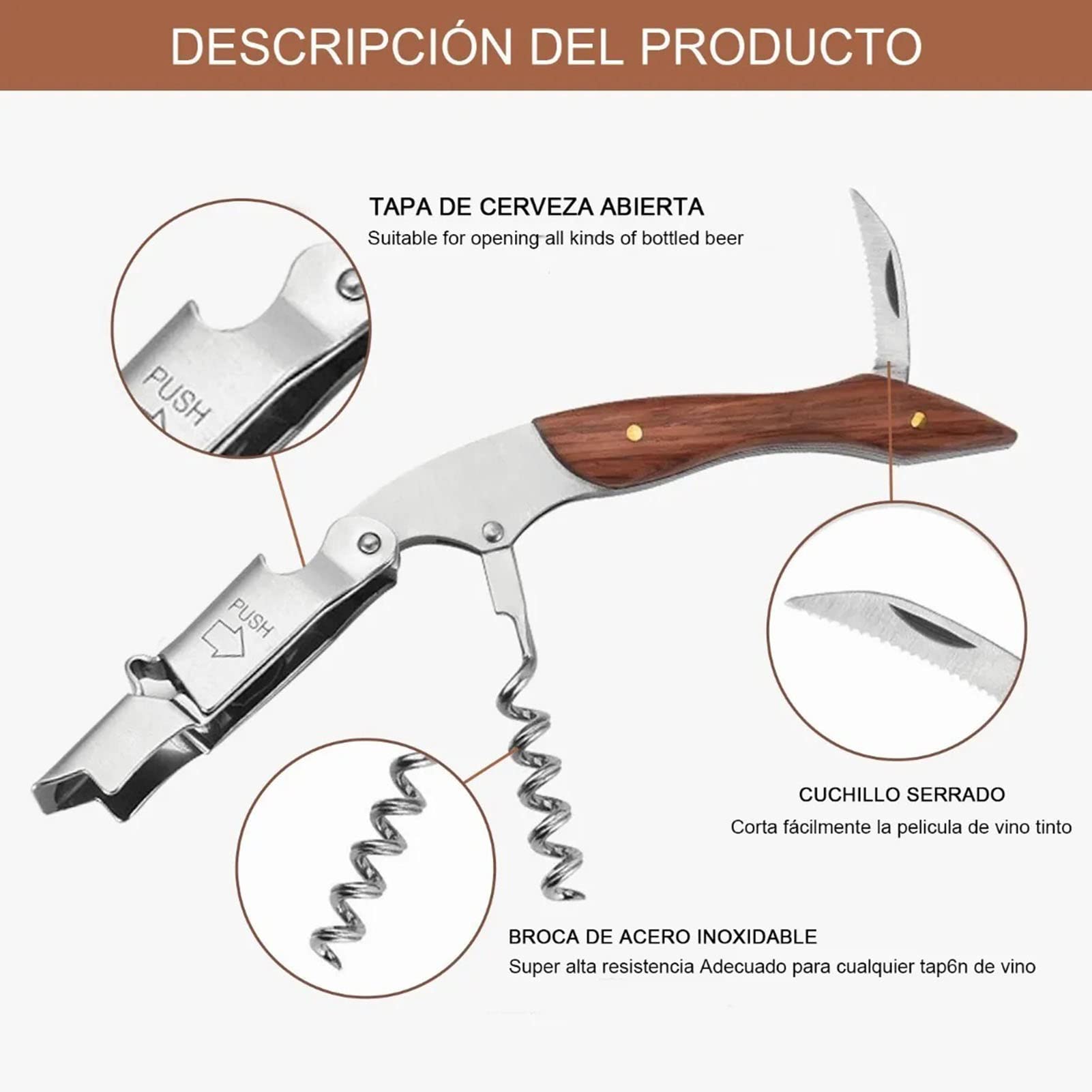 Apribottiglie, Cavatappi per Camerieri Professionali 5 Cerchi Apribottiglie per Vino, Chiave per Vino in Acciaio Inossidabile Apribottiglie Portatile con Manico in Legno con