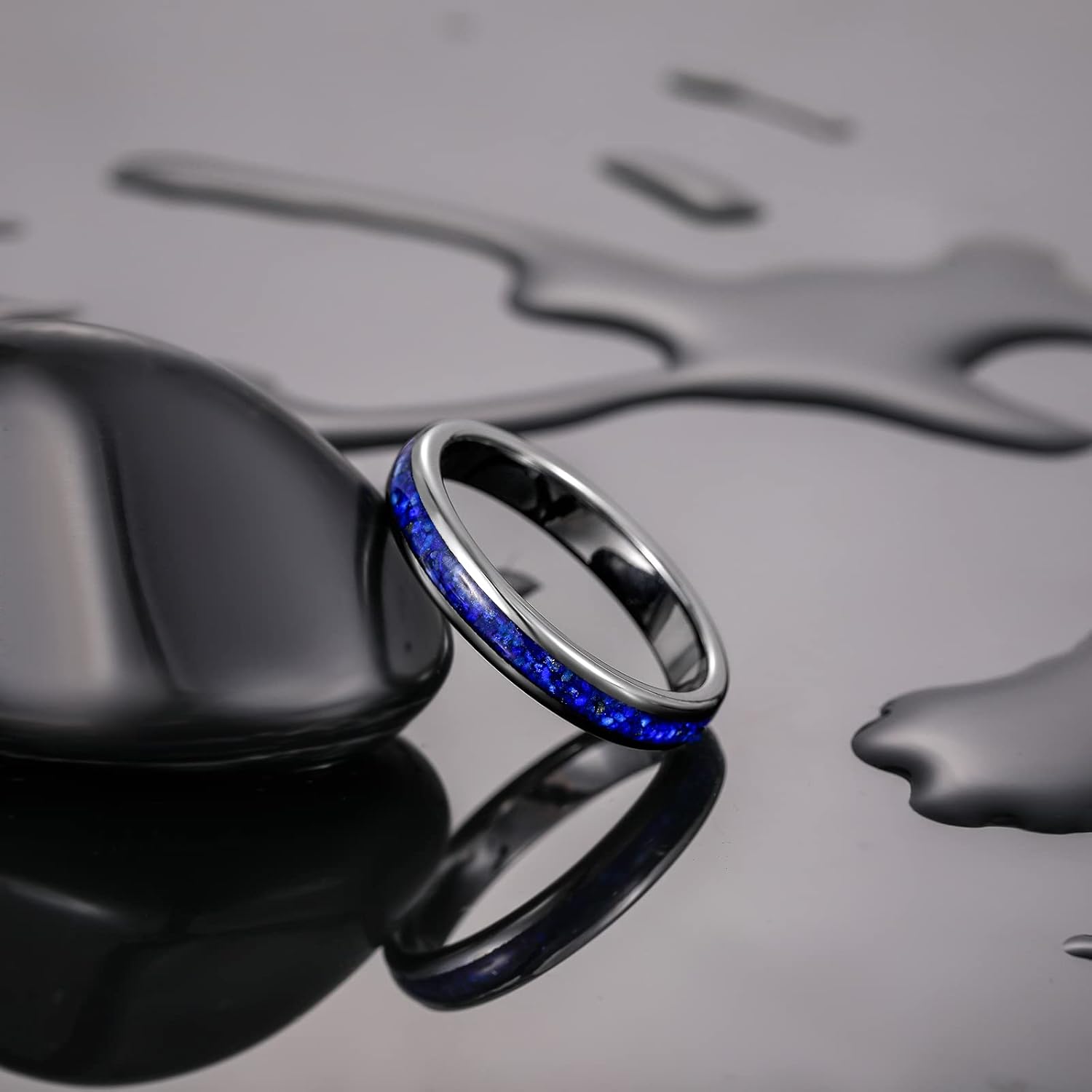 TRUMIUM 4mm Tungsten Rings for Men Women Blue Turquoise Lapis Lazuli Inlay Mens Wedding Band Silver Engagement Promise Ring High Polished Dome Comfort Fit Size 6-12