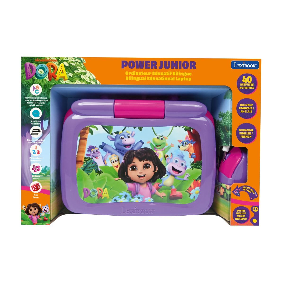 Lexibook, Power Kid® dwujęzyczny laptop edukacyjny Dora - 40 działań w języku francuskim i angielskim, różowy, JC398DORi1LXB