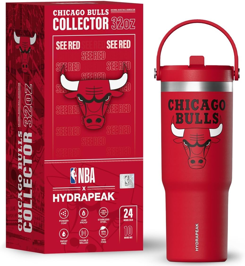 Hydrapeak x NBA Officially Licensed Chicago Bulls 32oz Nomad Stainless Steel Tumbler with Handle and Straw Lid, Leakproof Water Bottle in Limited Edition Collector's Gift Box