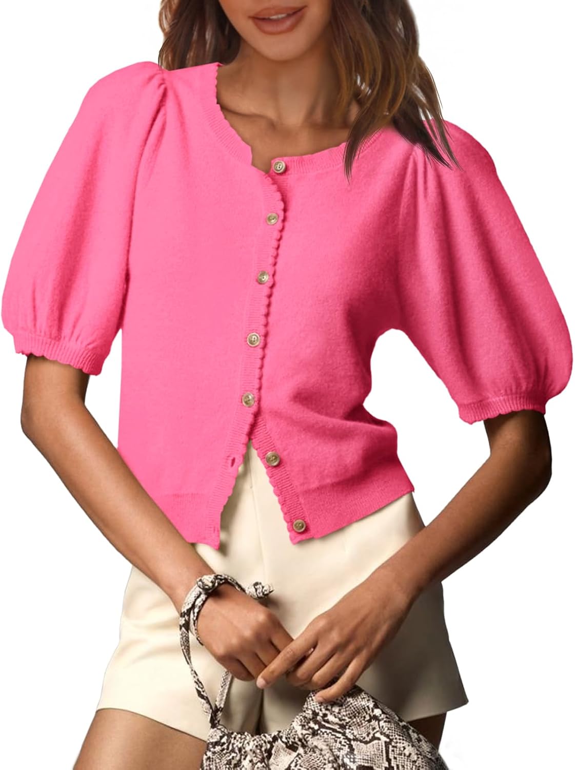 Saodimallsu Womens Puff Short Sleeve Cardigan Lightweight Summer Button Down Shirts Knit Crew Neck Sweater Tops