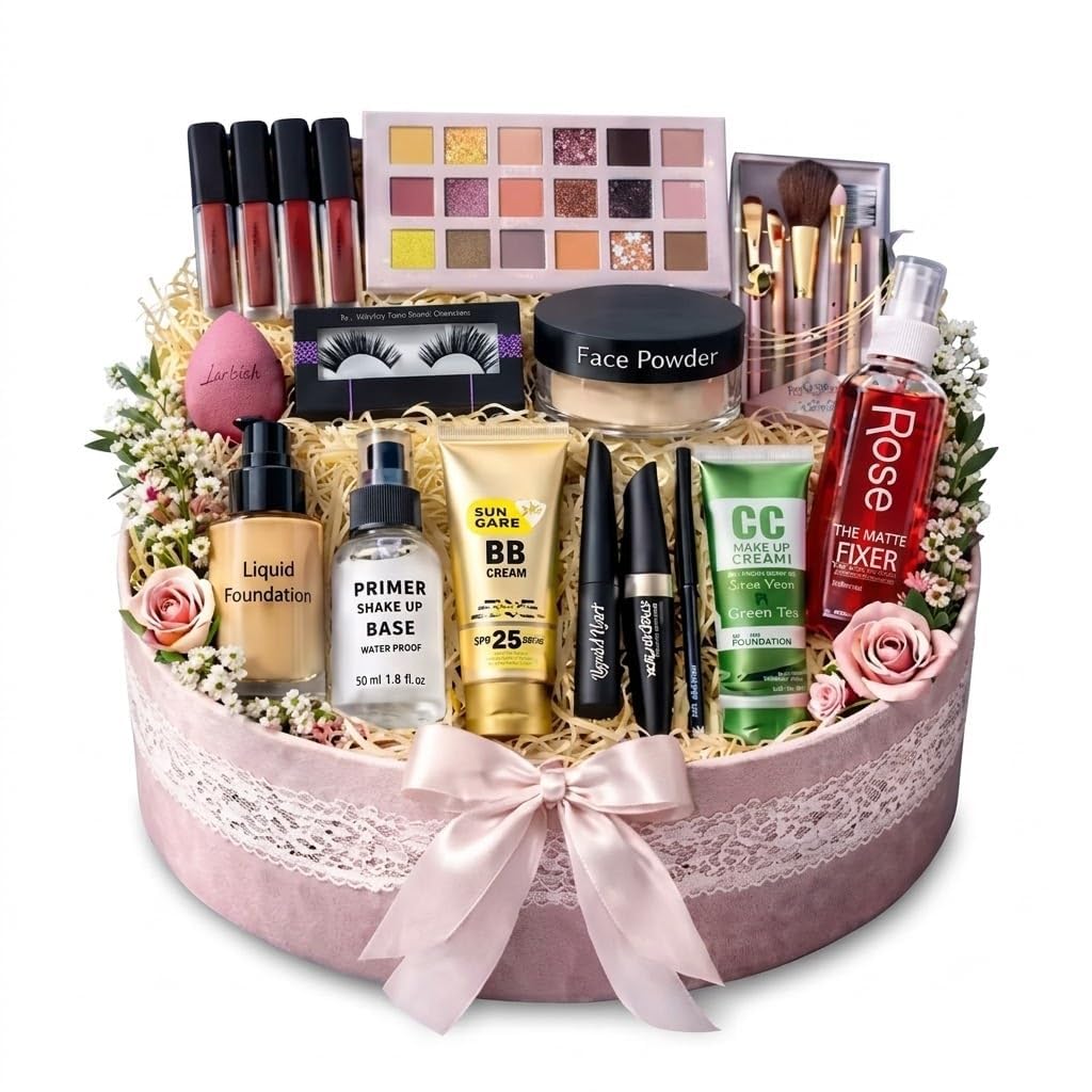 Premium Velvet Round Makeup Gift Hamper (18-In-1 Set) – Complete Glamour Cosmetics Combo Kit with Luxury Lace Vanity Box-image-35