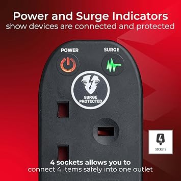 Masterplug Four Socket Extension Lead, 2 Metre Cable, Surge Protection, Power and Surge LED Indicators, Unswitched, 4-Way Plug Extension Cable, Power Strip, Black, 13A, 4G, 2m, SRG4210NB