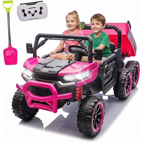 24V Ride On Toys for Big Kids, 4WD 6X6 2 Seater Ride On Dump Truck with Remote Control, 20inch Seat, 3 Speeds, High Efficiency Battery, 4X100 Motors, Music, Ride On Car for Boys Girls, Pink