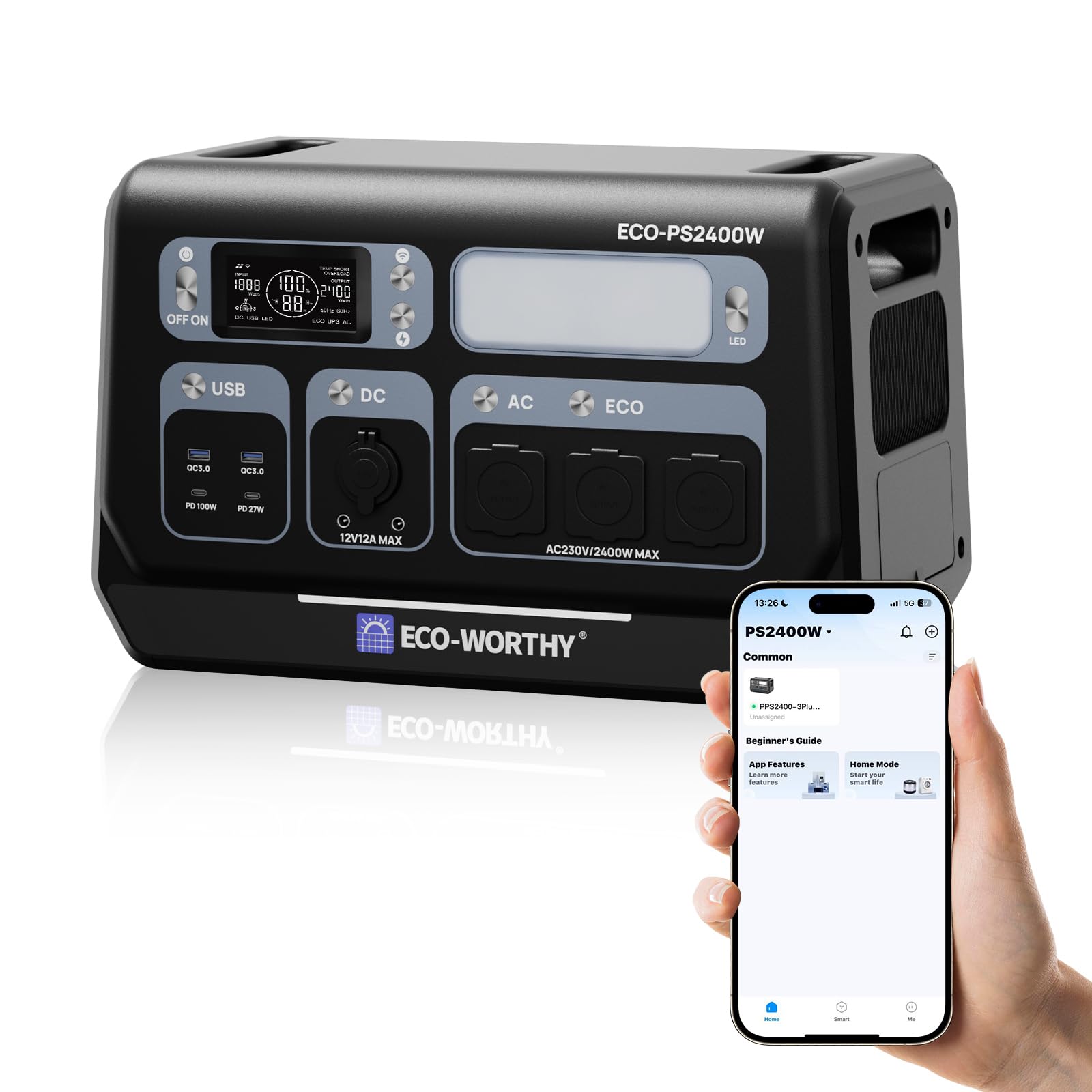 Eco-Worthy 2400W Portable Power Station With 2048Wh Lifepo4 Battery,4800W Peak & 1.2H Fast Charge,Bluetooth & Wifi, Solar Generator For Home Backup, Camping, Emergency Power