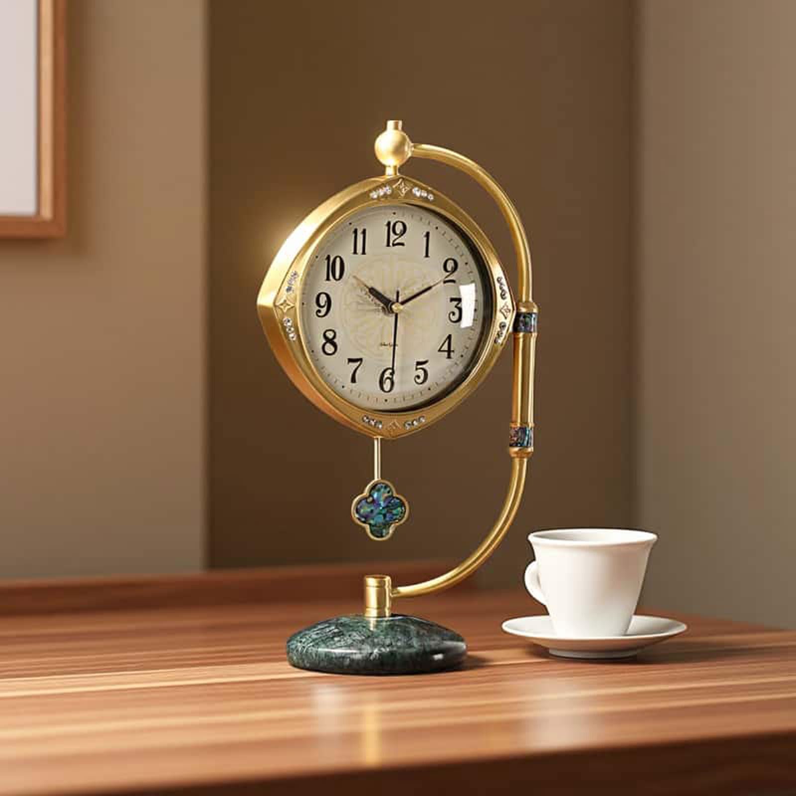 Luxuriöse Kaminuhr aus Messing - Leise Tischuhr mit Marmorsockel & Perlmutt-Inlay, Vintage Mechanisches Uhrwerk, Elegante Wohnkultur für Wohnzimmer