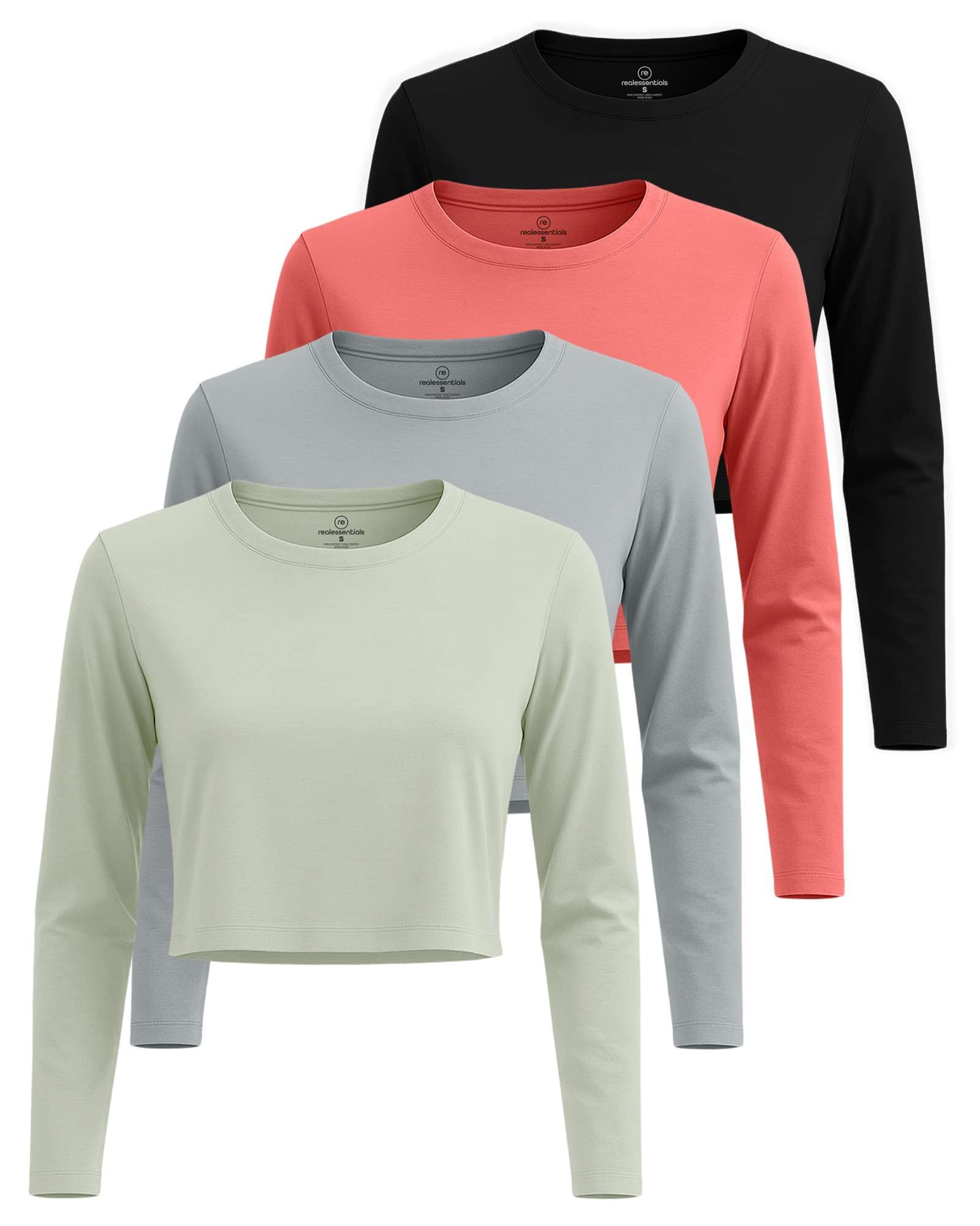 Real Essentials 4 Pack: Women's Cotton Long Sleeve Crew Crop Top - Casual Cropped T-Shirt (Available in Plus Size)