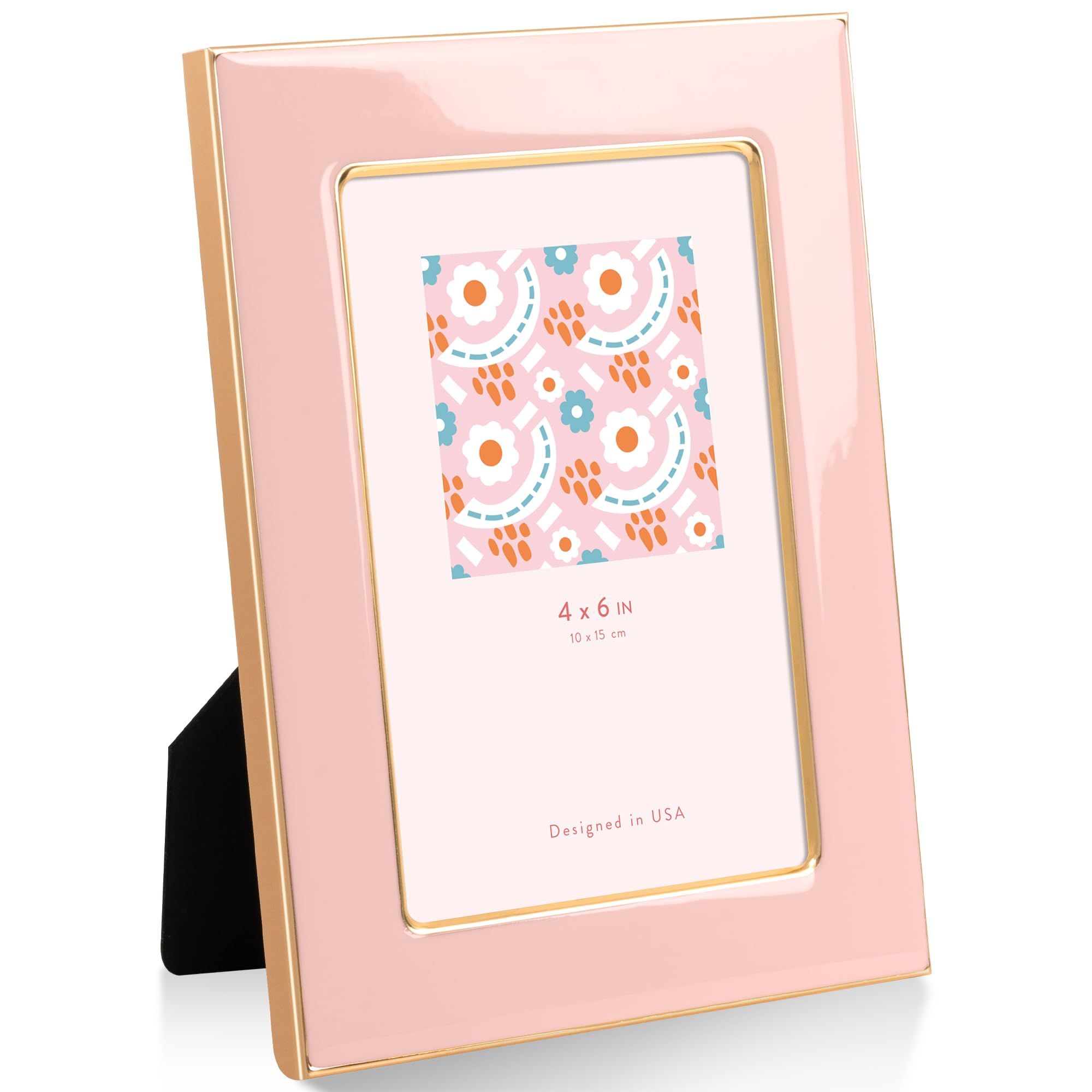 4"x6"(10x15cm) Enamel Picture Frame with Gold Metal Edge, HD Tempered Glass Photo Frame with Velvet Back & Easel Stand for Wall or Tabletop Display Family Office Photo Gallery, Pink