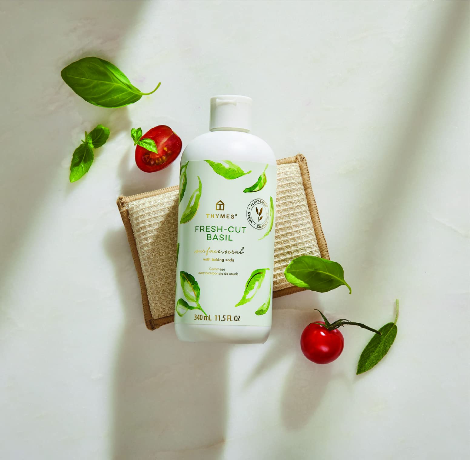 Thymes Soft Surface Scrub - Multipurpose Surface Cleaner - Scented Stain Remover with Baking Soda, Fennel & Parsley Extracts - Gentle Yet Effective Household Cleaner (Fresh-Cut Basil, 11.5 Fl oz)