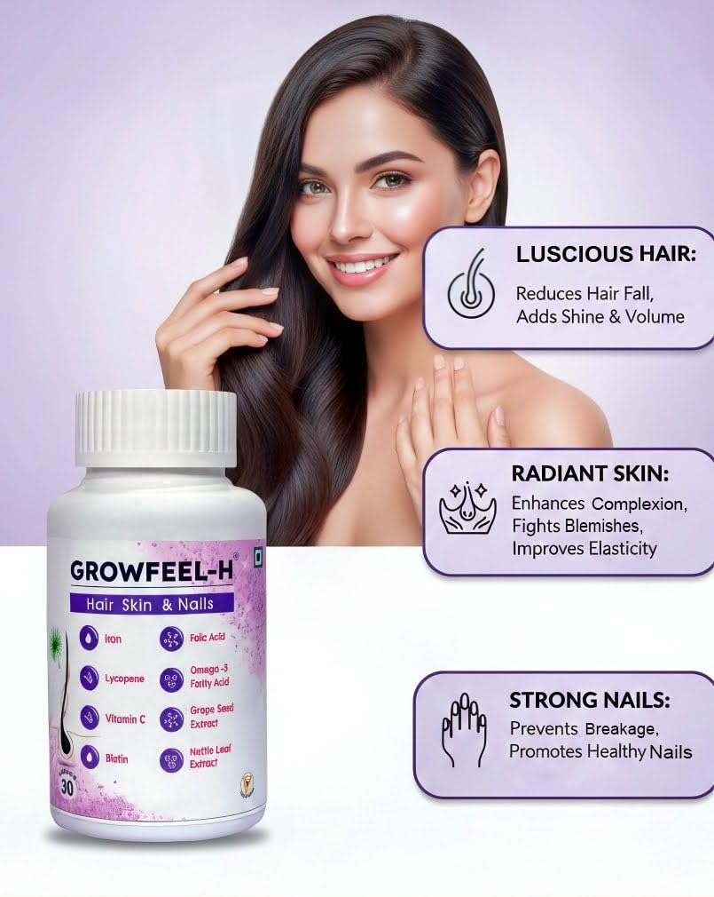 Growfeel-H Tablets for Hair, Skin & Nail Nutrition – 30 Tablets | With Biotin, Omega-3, Iron, Vitamin C, Grape Seed & Nettle Leaf Extract | Daily Wellness Supplement — Amazon image 2