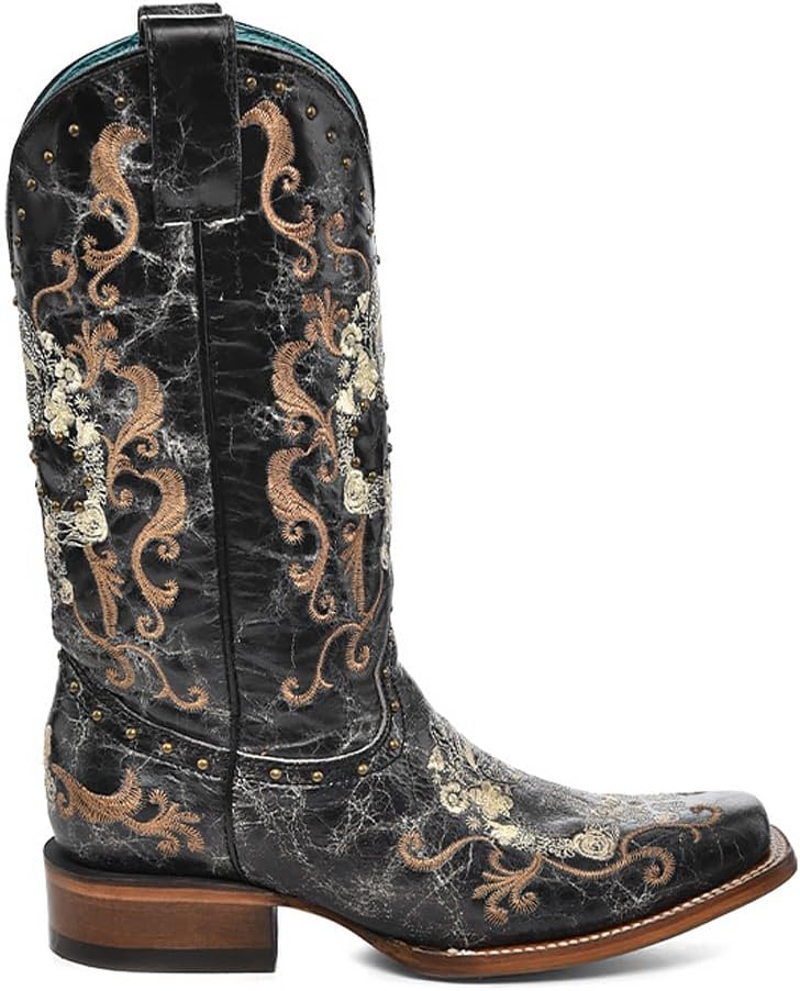 Corral Boots Women's Black and White Handcrafted Western Boots | Square Toe Cowboy Boots with Floral Sugar Skull Design