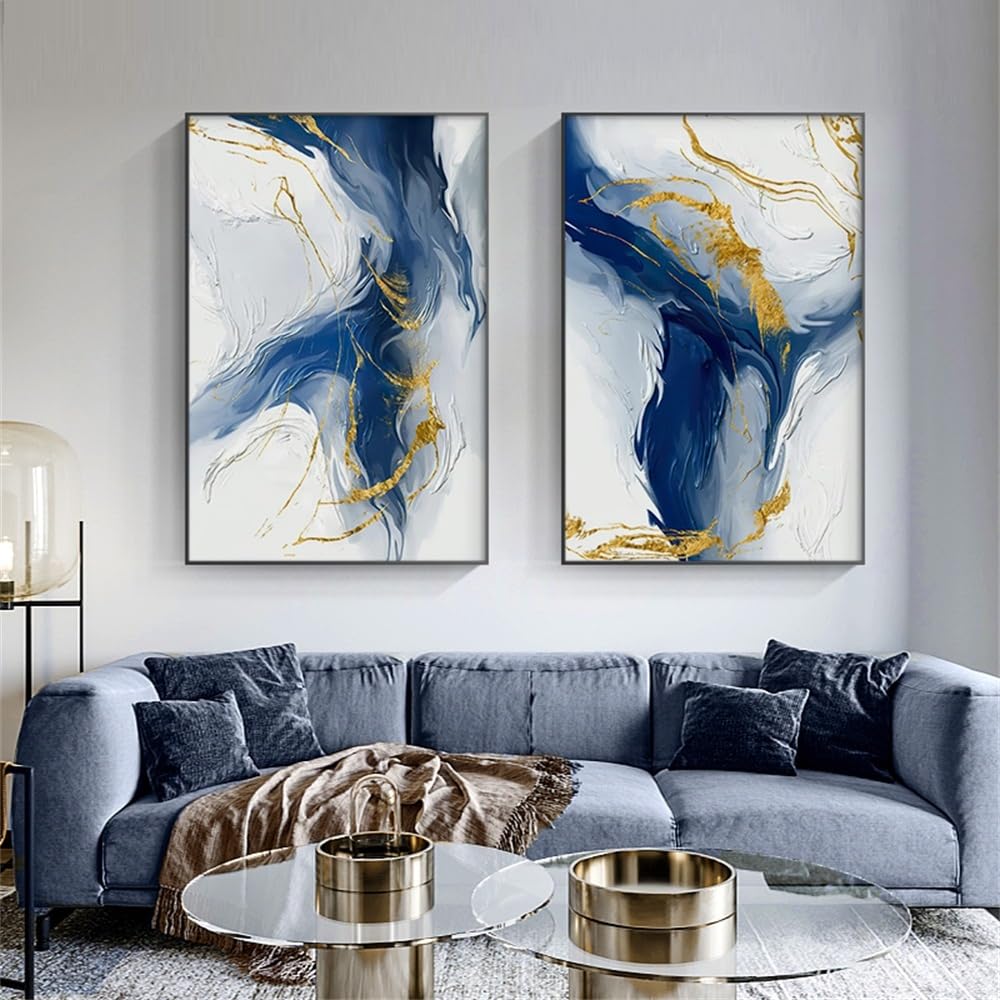 WUHBCZ Art Decor,Abstract Art Golden Canvas Paintings Nordic Blue Ink Pictures Modern Posters Print for Living Room Office Wall Decoration Artwork-40 * 50cm*2PCS (No Frame)