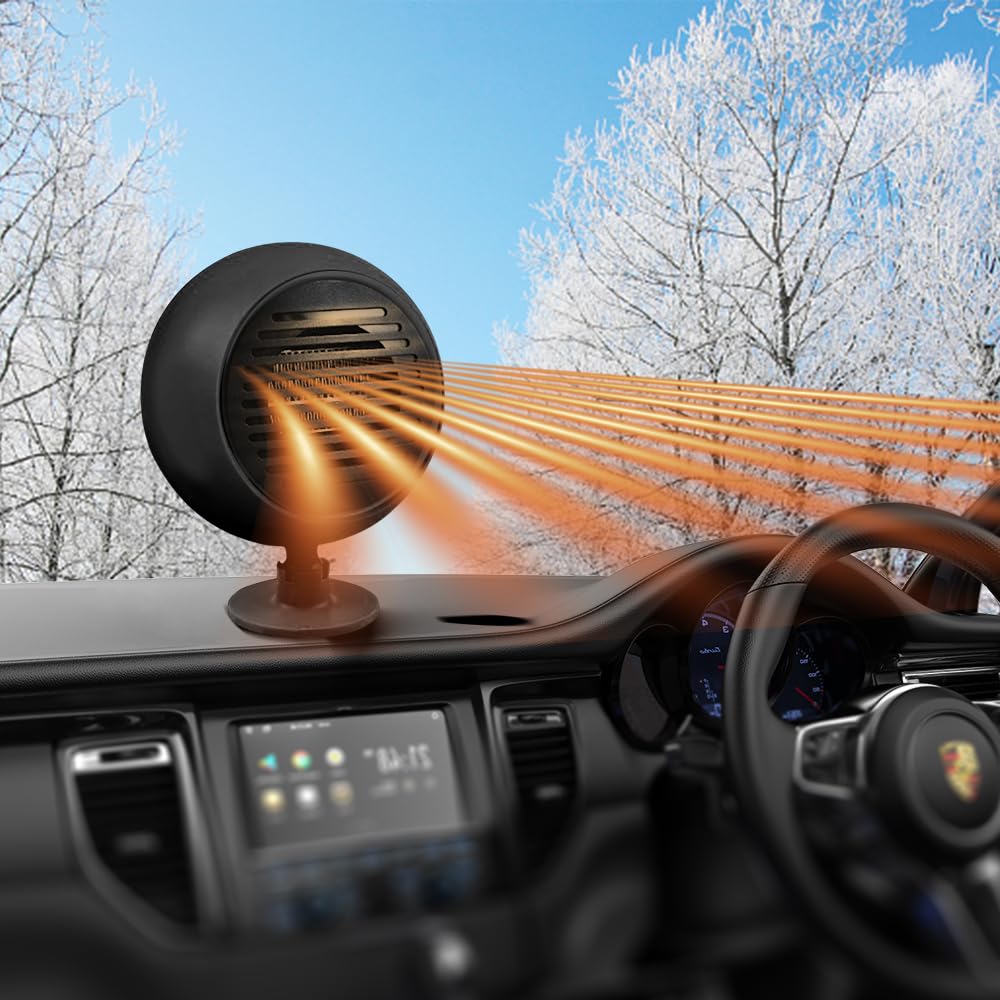 MACHSWON 12V Portable Car Heater mounted on a car dashboard, actively defrosting the windshield.