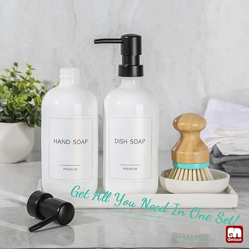 Miniatura 10 de GMISUN - Dispensador de jabón para platos para cocina, dispensador de jabón de manos y platos de 16 onzas con bandeja de cerámica y cepillo de