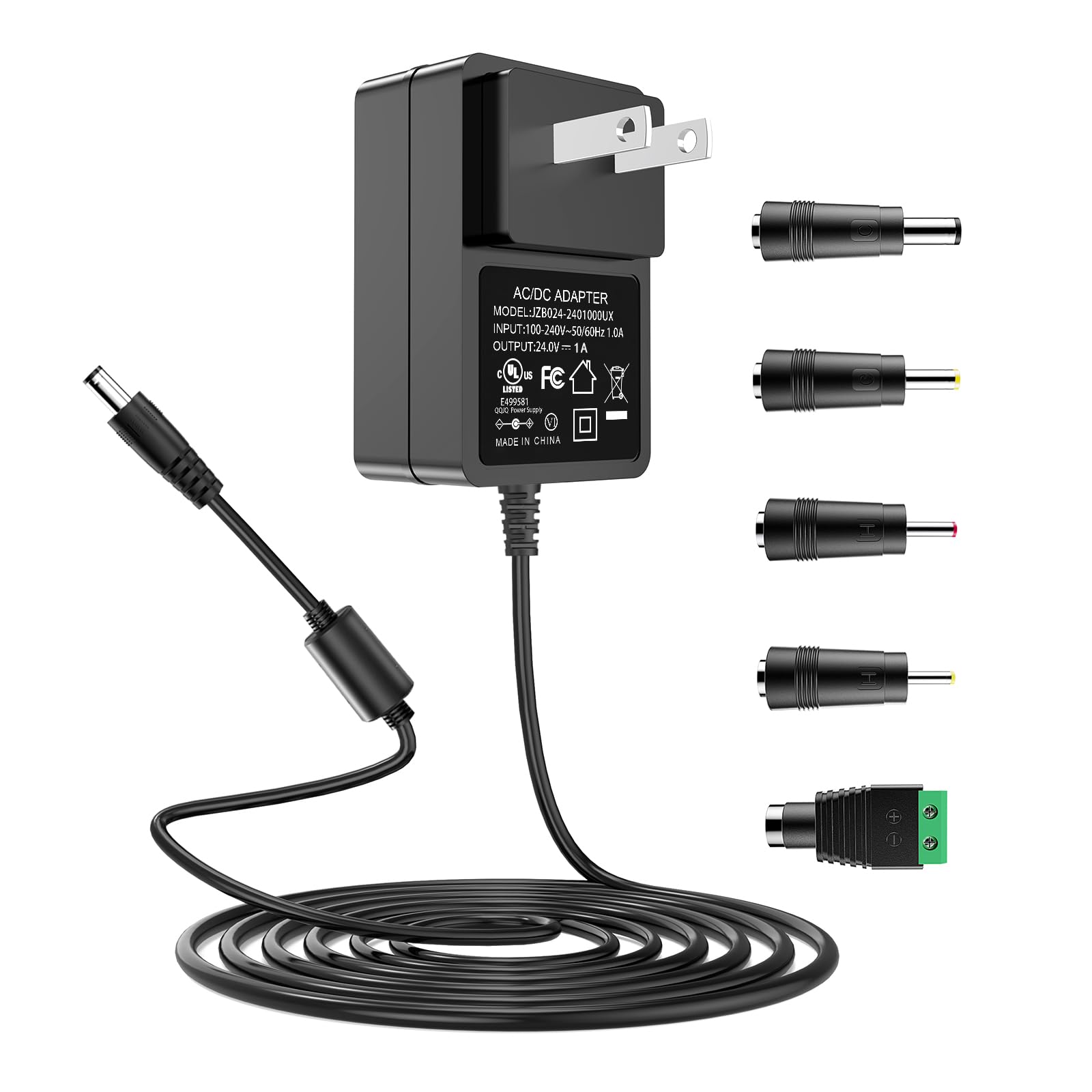 24V DC Power Supply, 100-240V AC to DC 24V 1A Power Adapter UL Listed for 24V 0-1A LED Strip Light CCTV Camera Bluetooth Speaker Air Cleaner Massage Gun Mini Printer 5.5mmx2.5mm DC Plug with 5 Tips
