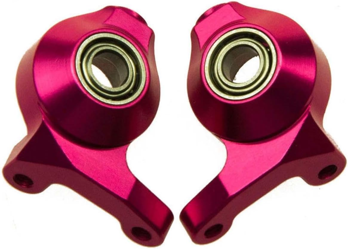 Pair of Hobbypower CNC Metal Front Steering Hubs in pink, viewed from the front, showing the bearing housing.