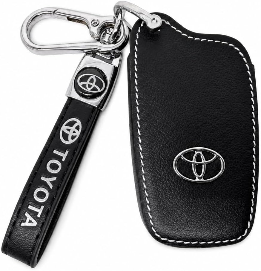 Genuine Leather Key Fob Cover Compatible with Toyota Camry 2012-2017, Avalon 2013-2015, Corolla 2014-2017, RAV4 2013-2017, Highlander 2014-2017, 3/4-Button Smart Key Case with Keychain, A-Black