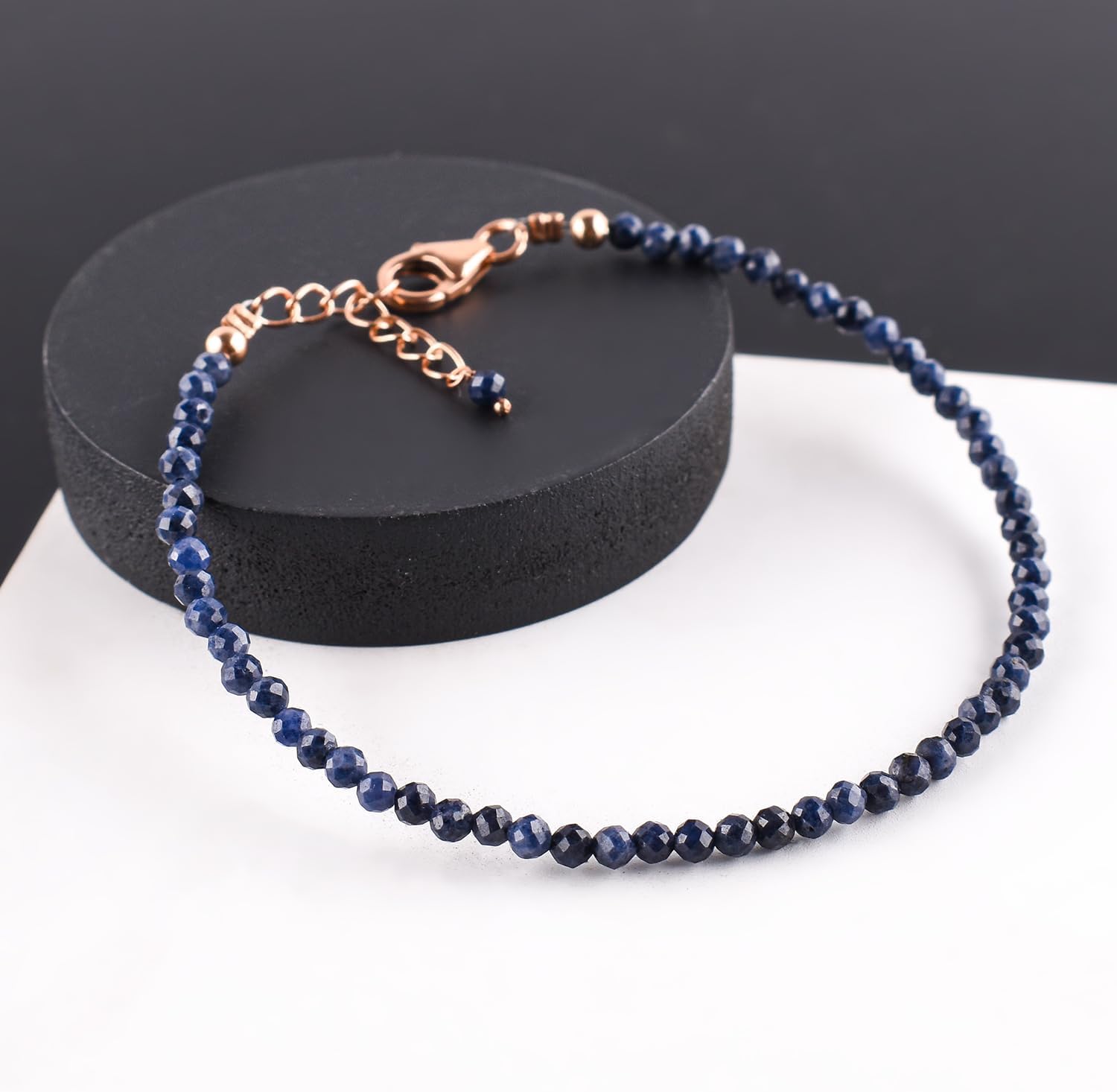 InfinityGemsArt Blue Sapphire Bracelets For Women, Natural Burmese Gemstone Beaded Dainty Jewelry for Her, September Birthstone, 14K Rose Gold Plated 925 Sterling Silver Chain 8 inch - Image 3