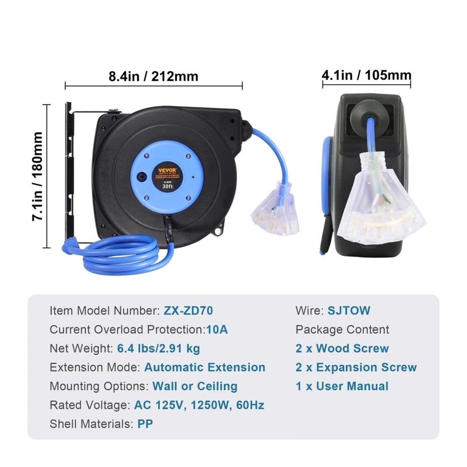 Avvolgicavo, Bobina for Cavo di Alimentazione Retrattile da 30 Piedi 16AWG/3C SJTOW - Organizer for Cavi di prolunga for Un Facile utilizzo