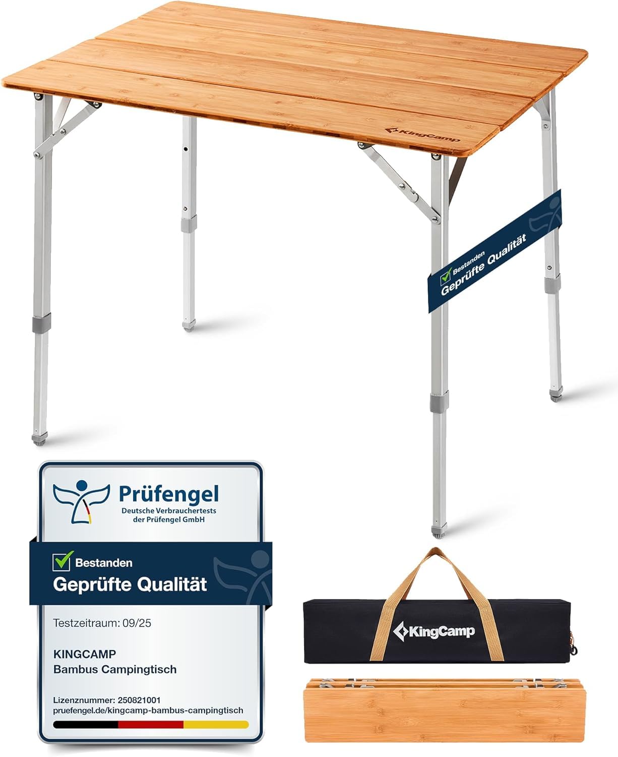 Table de camping en bambou KingCamp 100x65 cm réglable en hauteur pour 4 à 6 personnes
