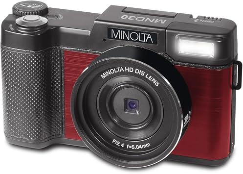 Minolta MND30 30MP Digital Camera, 2.7K Video, 180 LCD Screen (Red)