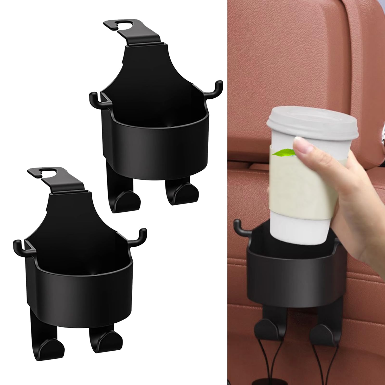 2 Pack Car Seat Back Water Cup Holder, Multifunctional Vehicle Storage Accessory, 360 Degree Rotating Design, Motorcycle Hanging Mount with Hook, Universal for Most Cars (Black)