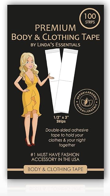 Linda's Essentials Double Sided Body Tape and Clothing Tape (100 Pack) Transparent Skin Tape for Clothes & Body, Suitable for All Fabric Types and Sensitive Skin | Extra Adhesive Dress Tape