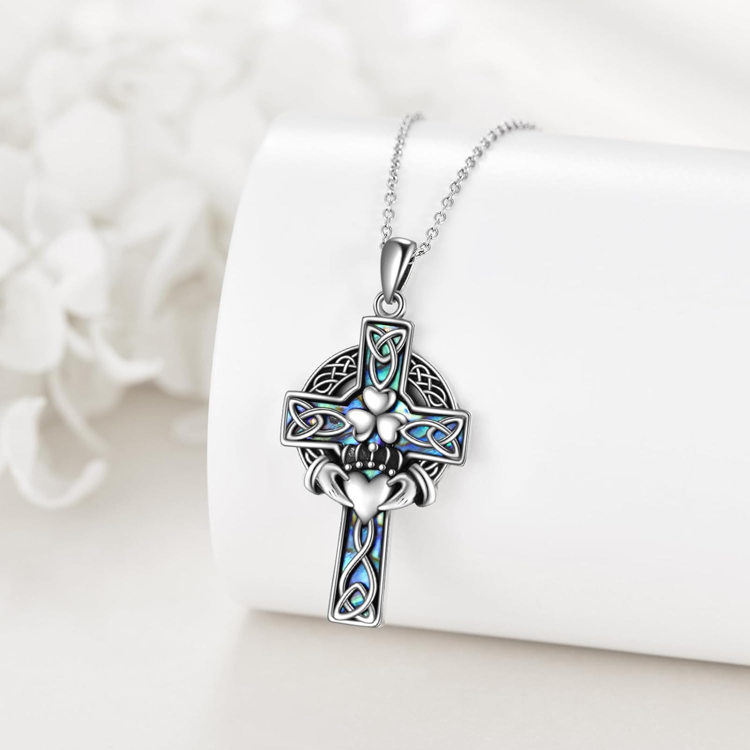 YFN Celtic Cross Necklace Sterling Silver Religious Cross Pendant Abalone Shell Cross Jewelry Christian Gift for Women Men - Image 2