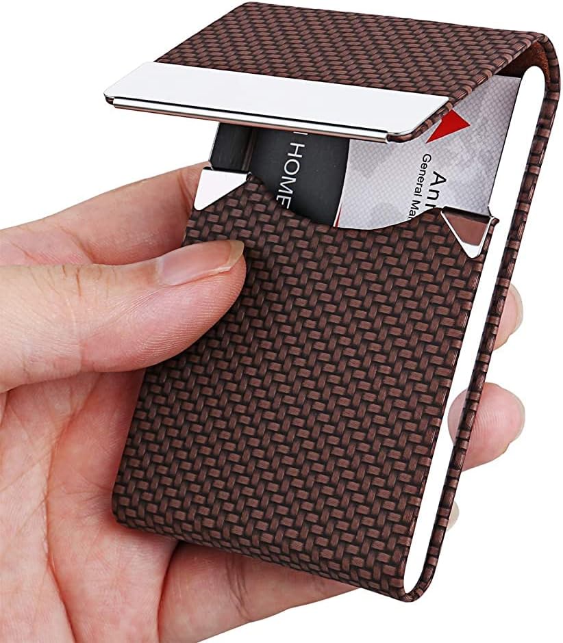 ZIBUYU® Business Card Holder, 6 * 9.5cm Metal Business Card Case Classy Card Holder for Women & Men, PU Leather Business Card Name Card Holder Case with Magnetic Clasp, Brown