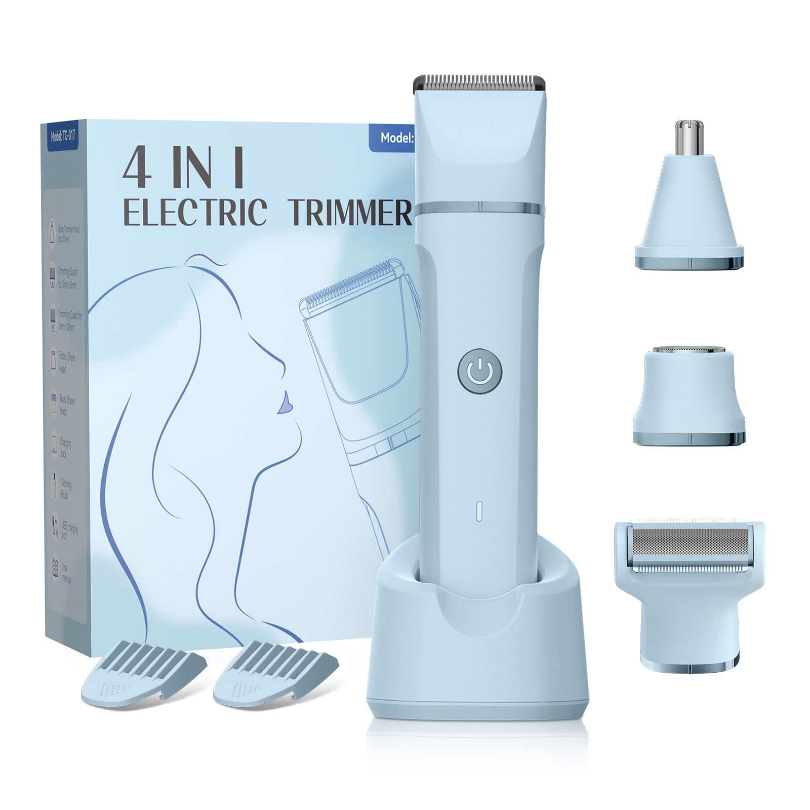 Electric Razors for Women – 4 in 1 Bikini Trimmer with Replaceable Body, Facial, Nose & Foil Shaver Heads, IPX7 Waterproof Pubic Hair Remover, Rechargeable Grooming Kit for Shower & Travel (Blue)