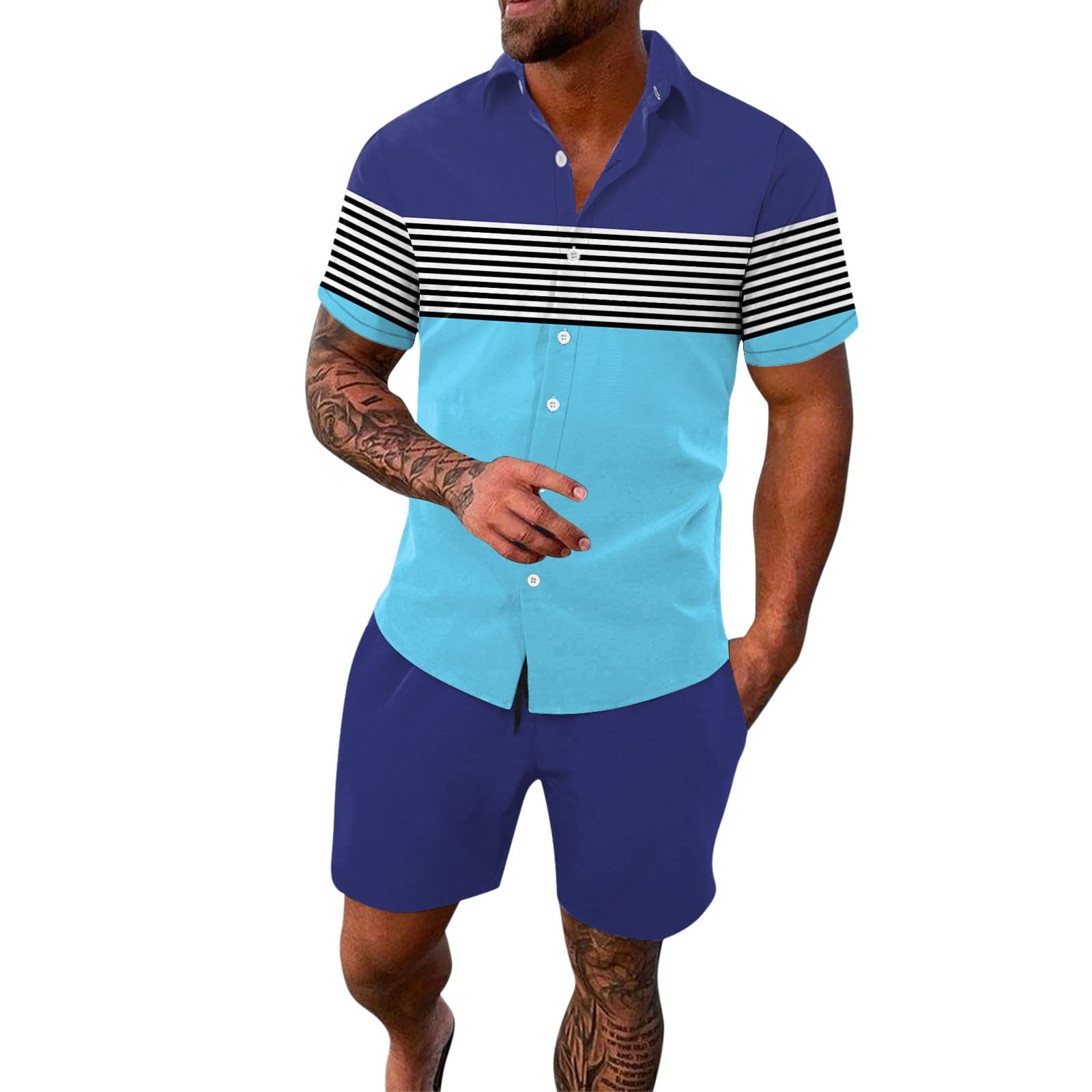 Generic Conjunto de pantalones de entrenamiento para hombre, trajes de moda para primavera/verano, deportes de ocio, Hawaii, playa, costuras a rayas, camisa de manga corta, pantalones, dos conjuntos modernos