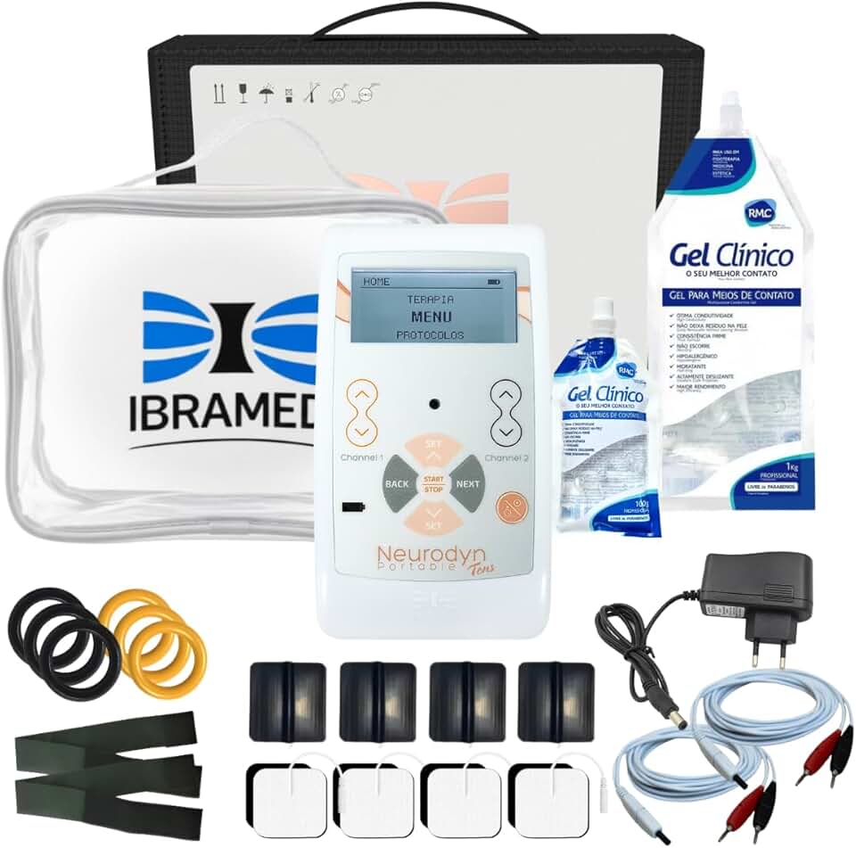 Neurodyn Portátil Ibramed TENS – Aparelho de Eletroestimulação Analgésica | 2 Canais Bivolt Recarregável + Kit Completo com Gel, Eletrodos, Faixa e Bolsa)