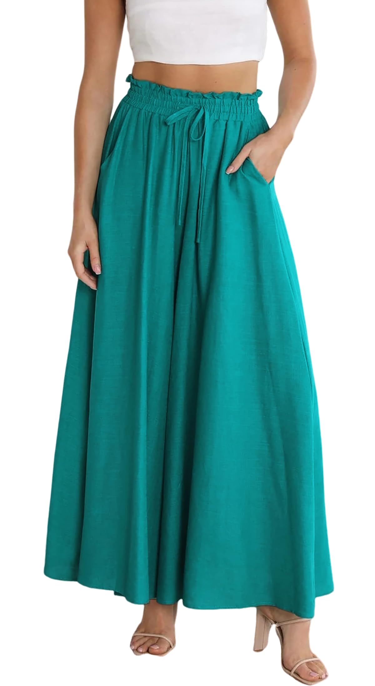 R Vivimos Womens Wide Leg Lounge Pants Elastic High Waisted Drawstring Tie Casual Flowy Palazzo Pants Trousers with