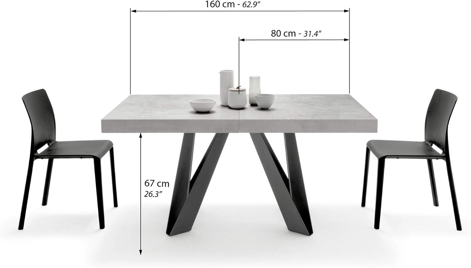 Mobili Fiver, Romina Extendable Table 63(94.5) x35.4 in, Concrete Grey Effect with Black Iron Legs, for 6-10 People, Expandable Dining Table for Kitchen, Living Room, Italian Furniture