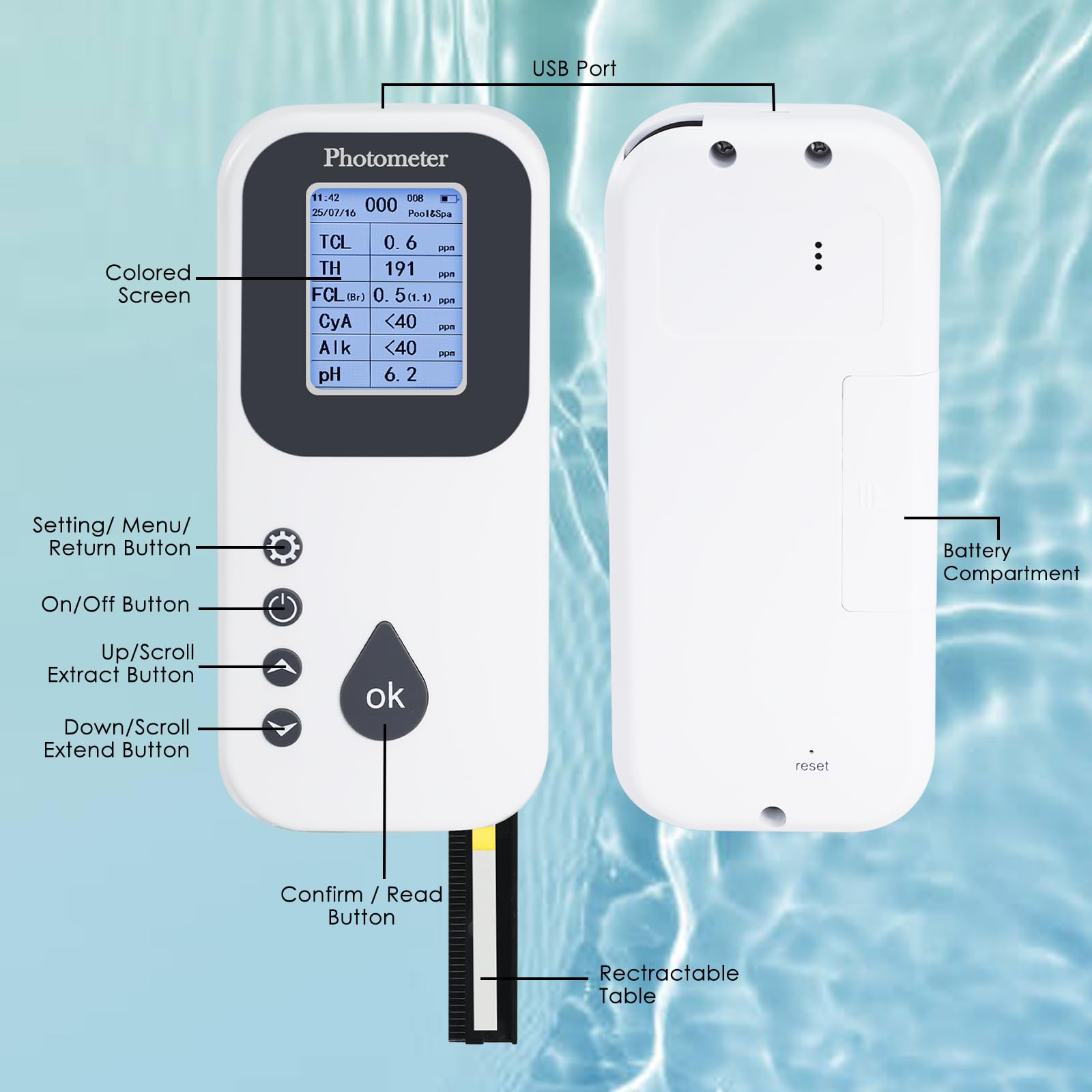 Kit Digital 7 en 1 para Análisis del Agua de Piscinas Medidor de pH, Cloro, Bromo, Dureza y Alcalinidad, Registro de Datos, Puerto USB con Analizador de Agua y Tiras Reactivas para Piscinas y Spas
