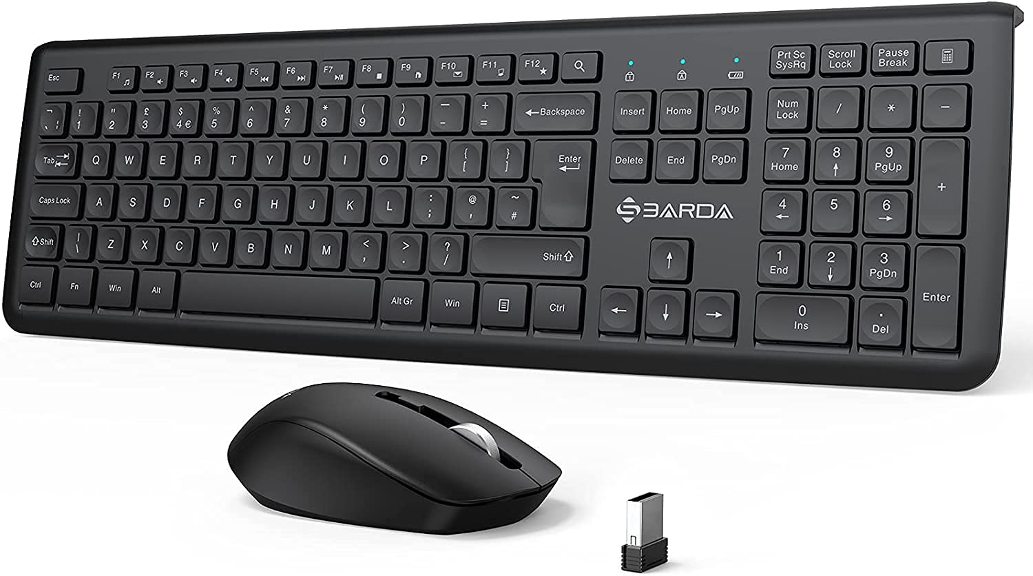 Wireless Keyboard and Mouse Set -SBARDA, 2.4 GHz Wireless, One USB Receiver, 12 multimedia buttons, QWERTY UK layout, for Computers/Desktop/Laptop,Black