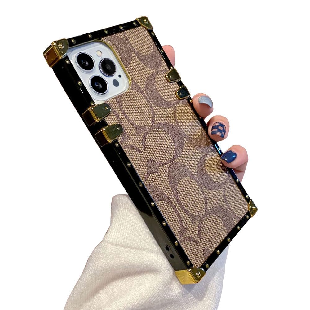 PLATU Square Case for iPhone 12 Pro Max Case, Luxury Designer Trunk Bumper Anti Drop Shockproof Protective Leather Phone Case Cover Compatible withiPhone 12 Pro Max for Women Men Khaki