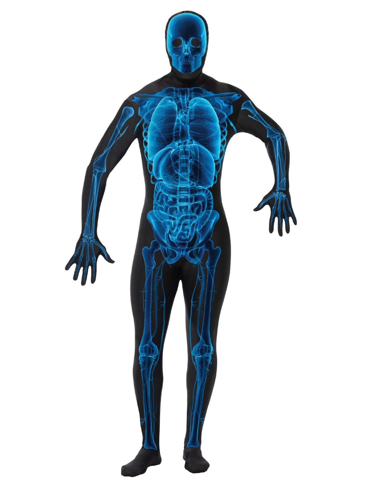 X Ray Costume, Second Skin Suit, Blue & Black with Concealed Fly and Under Chin Opening, Halloween Adult Fancy Dress, Comedy Dress Up Costumes