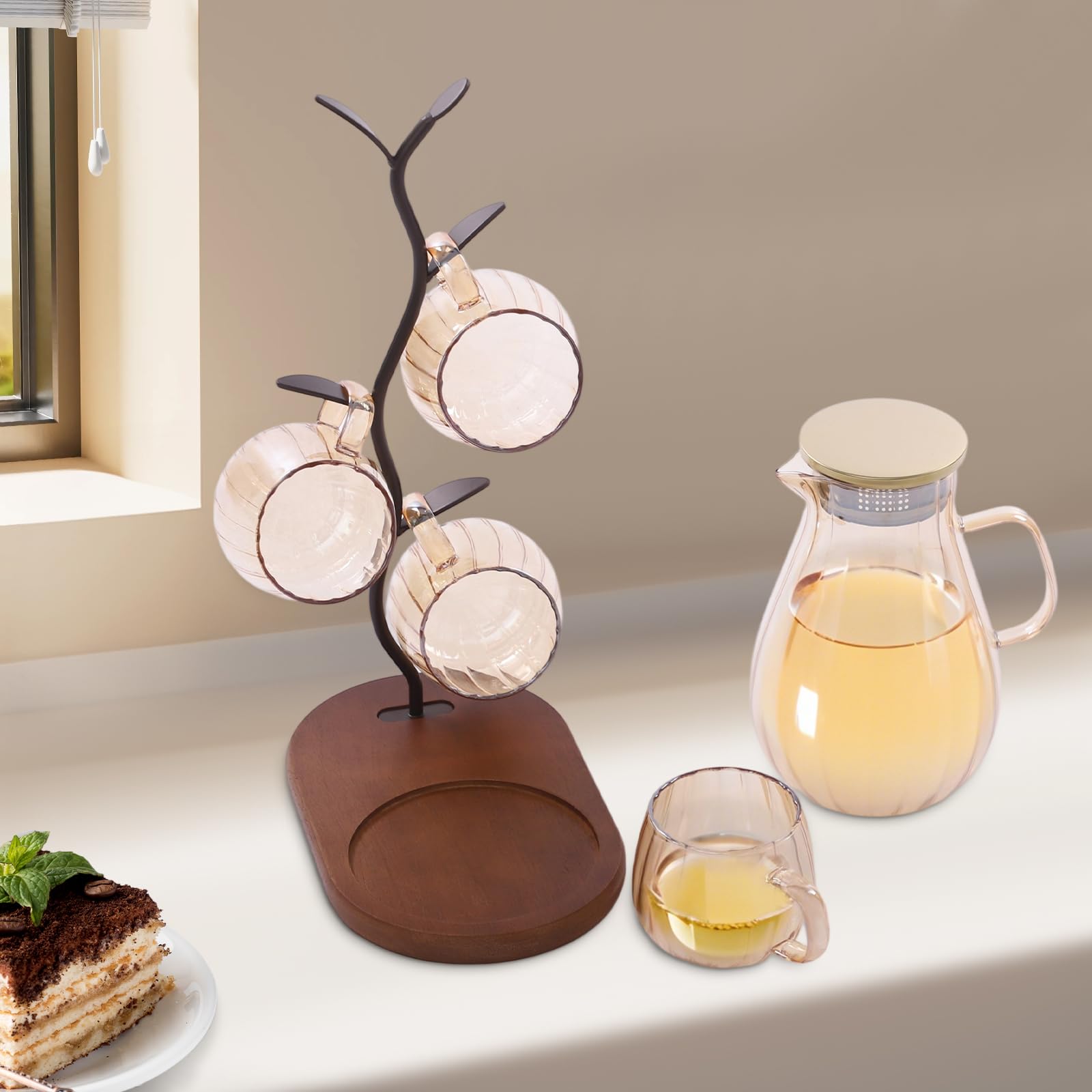 Jarra de cristal con tapa y caño para agua fría y caliente, juego de botellas de agua fría con 4 tazas y 1 estante para decoración de salón, latas de té helado/leche/café