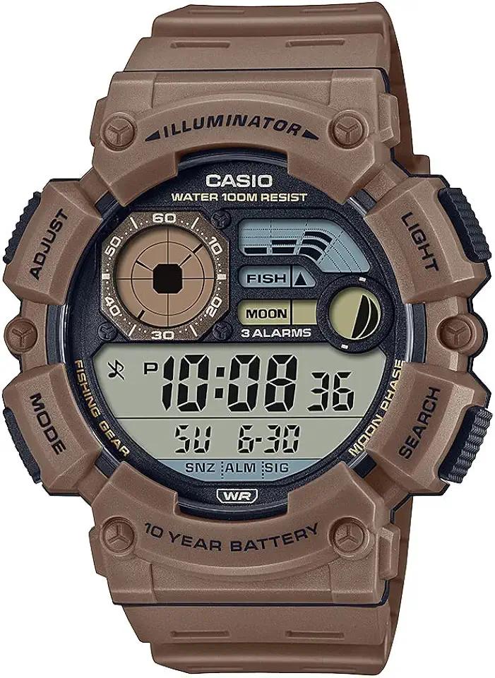 Casio Illuminator Relógio masculino com bateria de 10 anos, fase da lua, nível de pesca, WS-1500H-5AV, Marrom