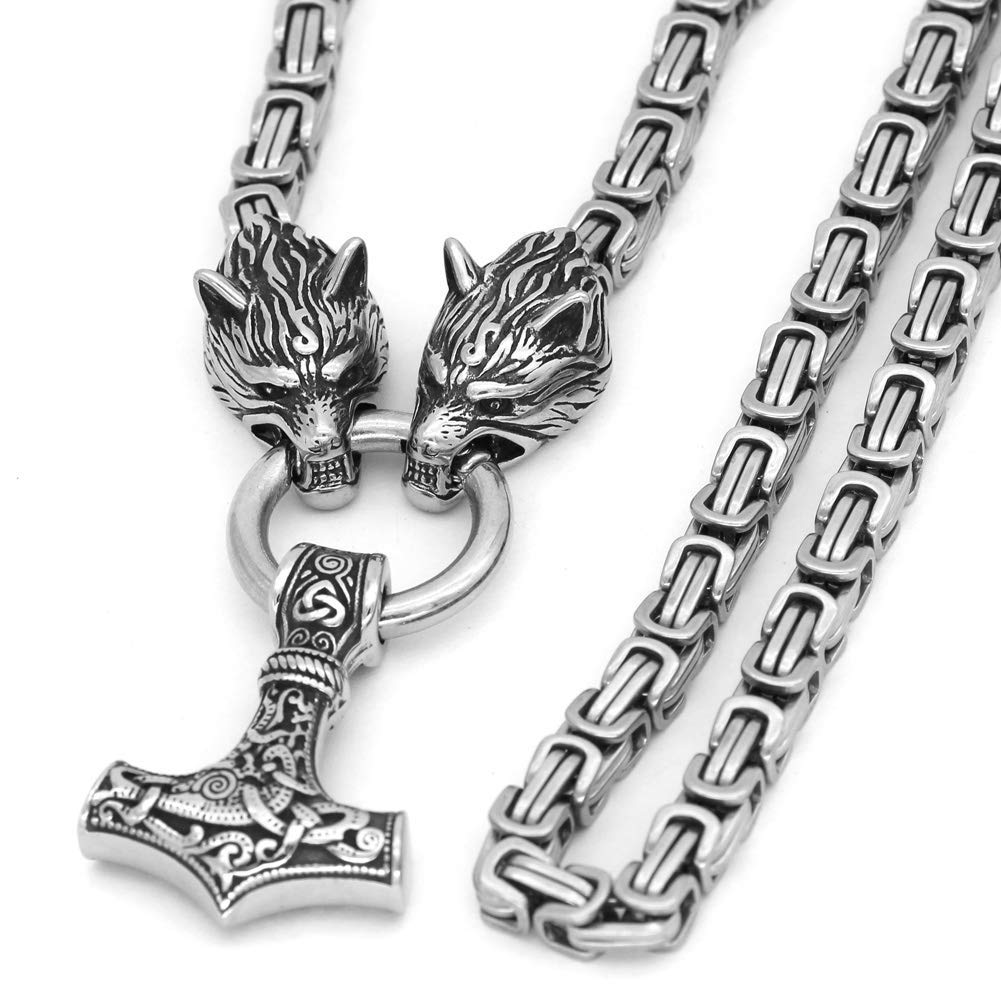 Men Stainless Steel Wolf Head Norse Viking Amulet Thor Mjolnir Necklace