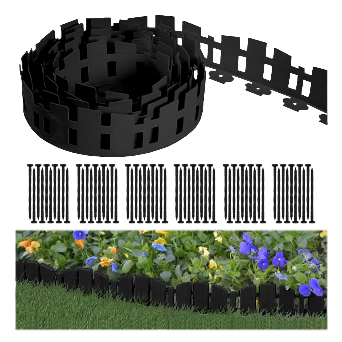 Bordo per prato, 10 m, bordo da giardino [extra alto 4,6 pollici], bordo flessibile per paesaggi con 60 paletti, mini recinzione in plastica per alberi, aiuole, erba, cortile, nero