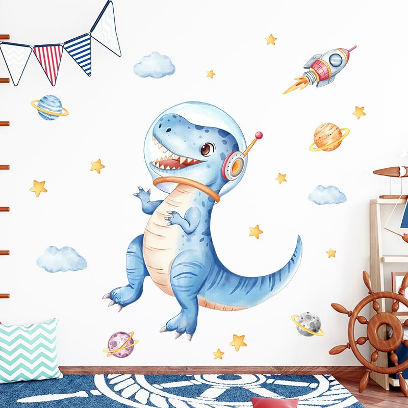 Tanlaby Large Blue Dinosaur Wall Stickers Space Dino Astronaut Wall Decals Peel and Stick Rocket Planets Clouds Art Decor for Baby Nursery Boys Girls