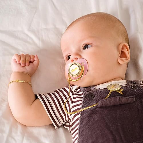 Miniatura 6 de Juego de chupete personalizado con nombre  Clip para chupete dorado y rosa personalizado y regalo para bebés de 0 a 18 meses, cubierta antipolvo sin